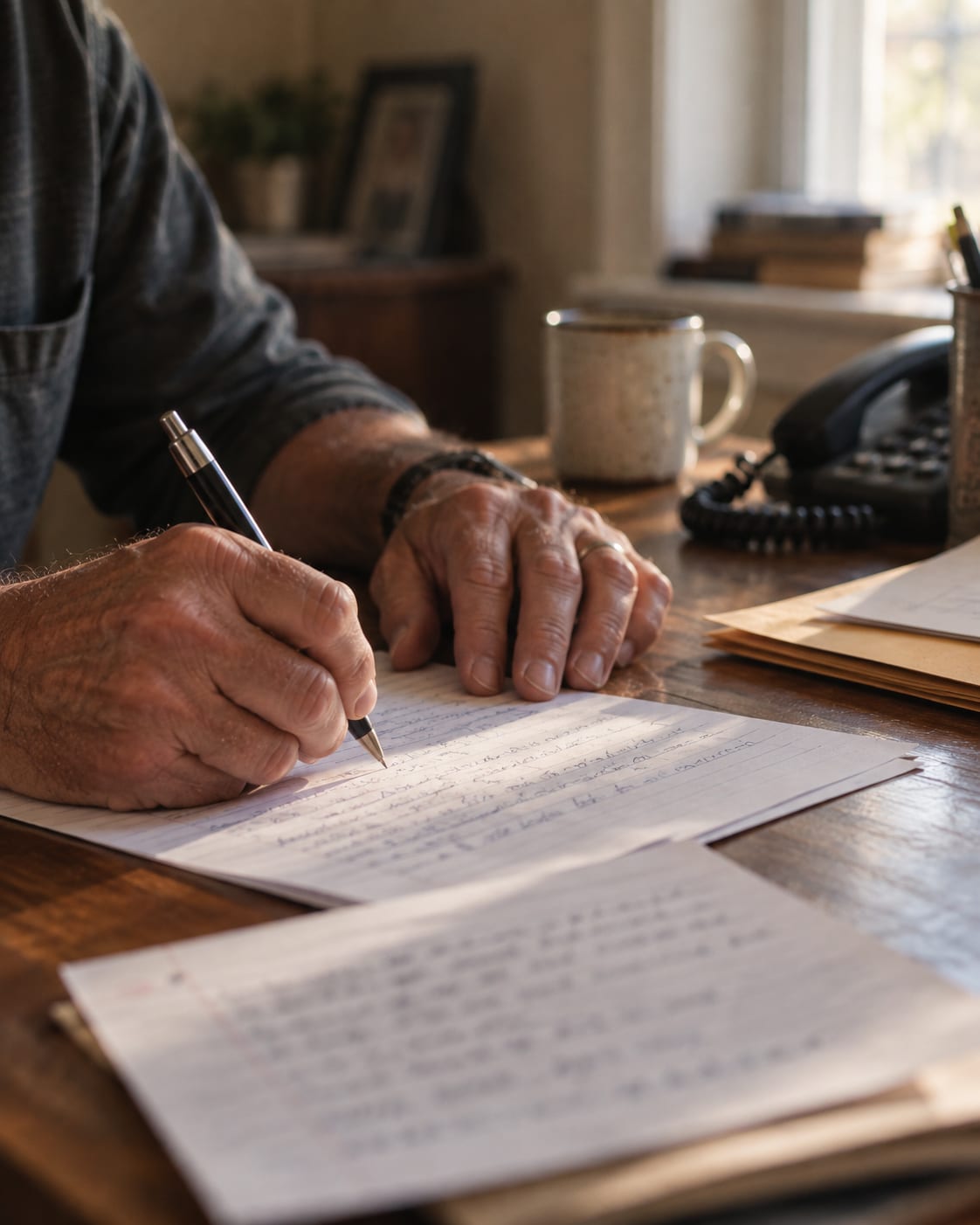 Hands writing a letter at a wooden desk, beside a mug and a landline phone